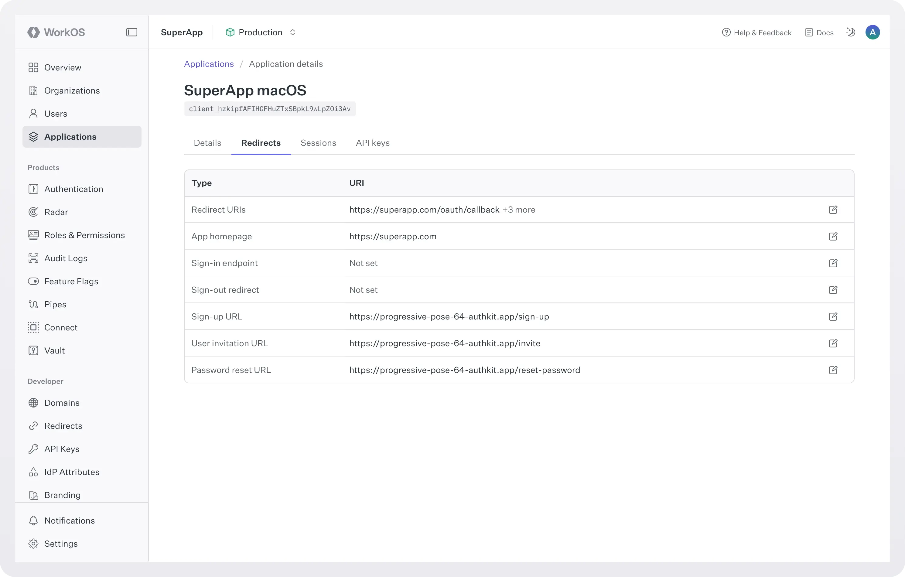 Screenshot of WorkOS dashboard > Application redirects