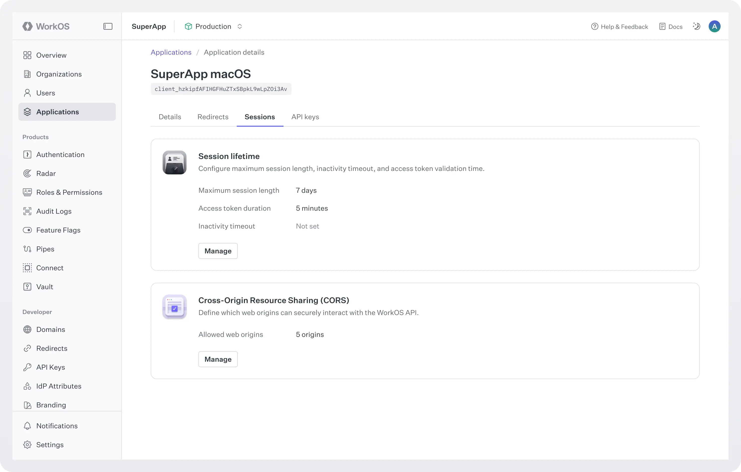 Screenshot of WorkOS dashboard > Application sessions
