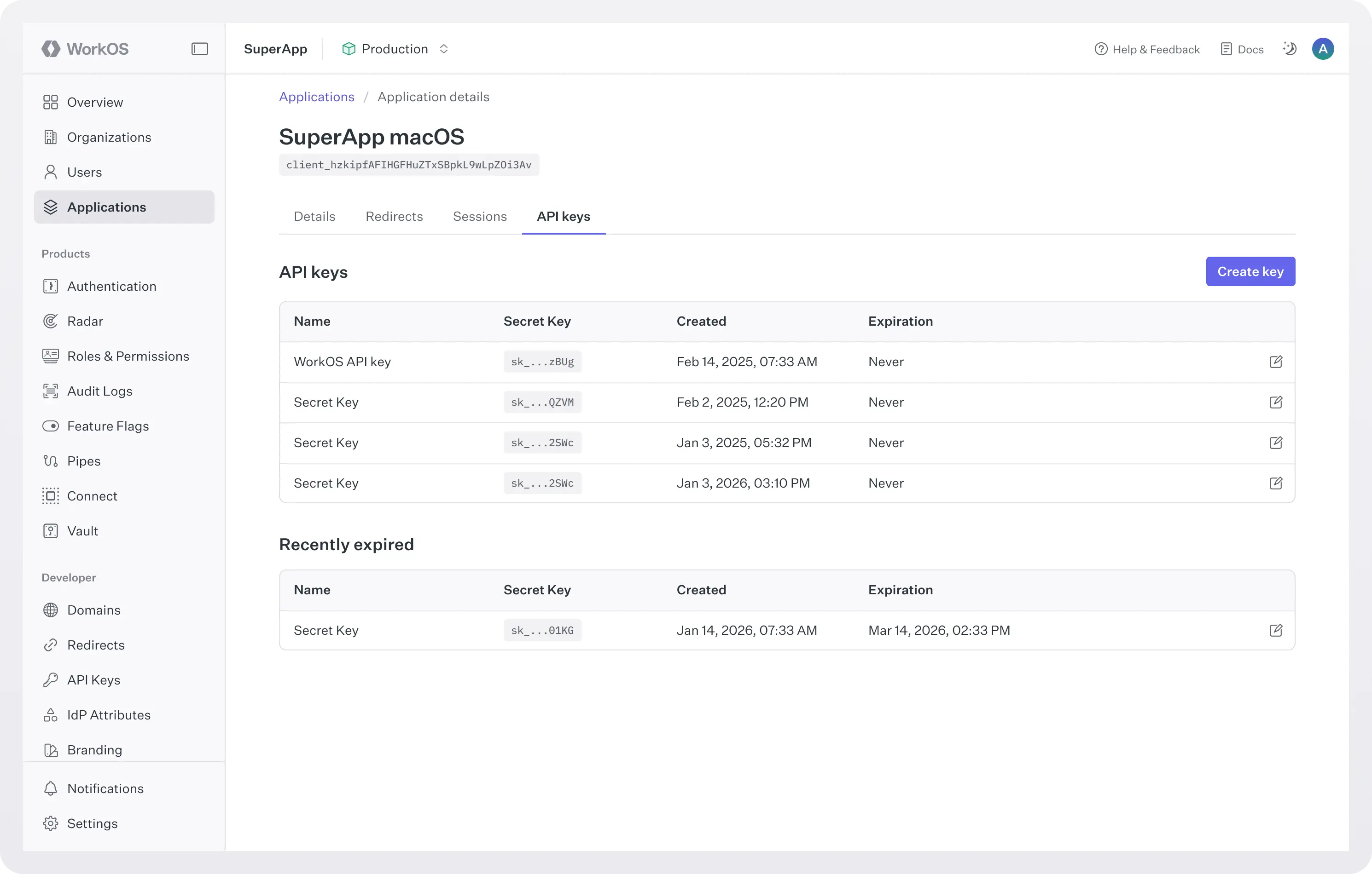 Screenshot of WorkOS dashboard > Application API keys
