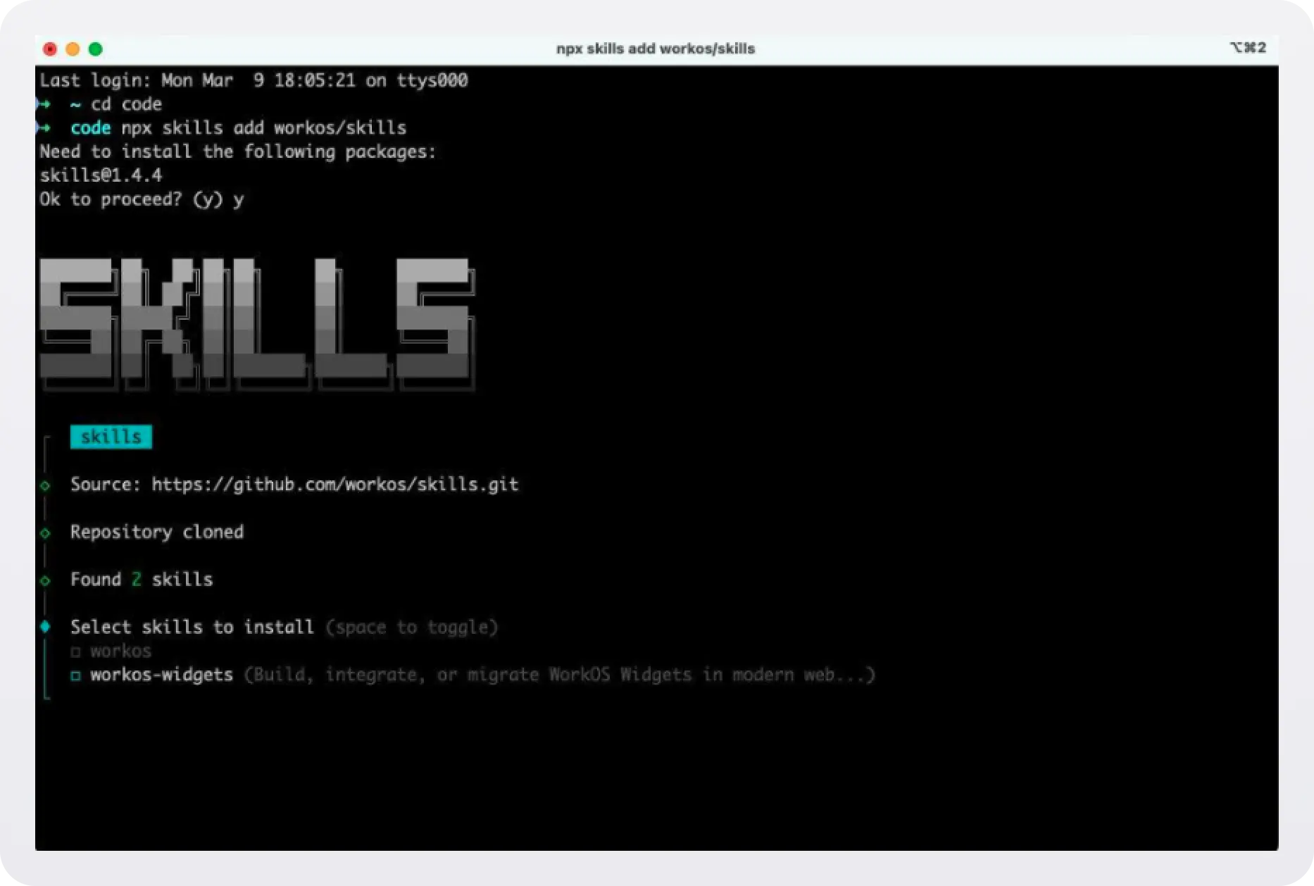 Terminal showing how to run Widget skills