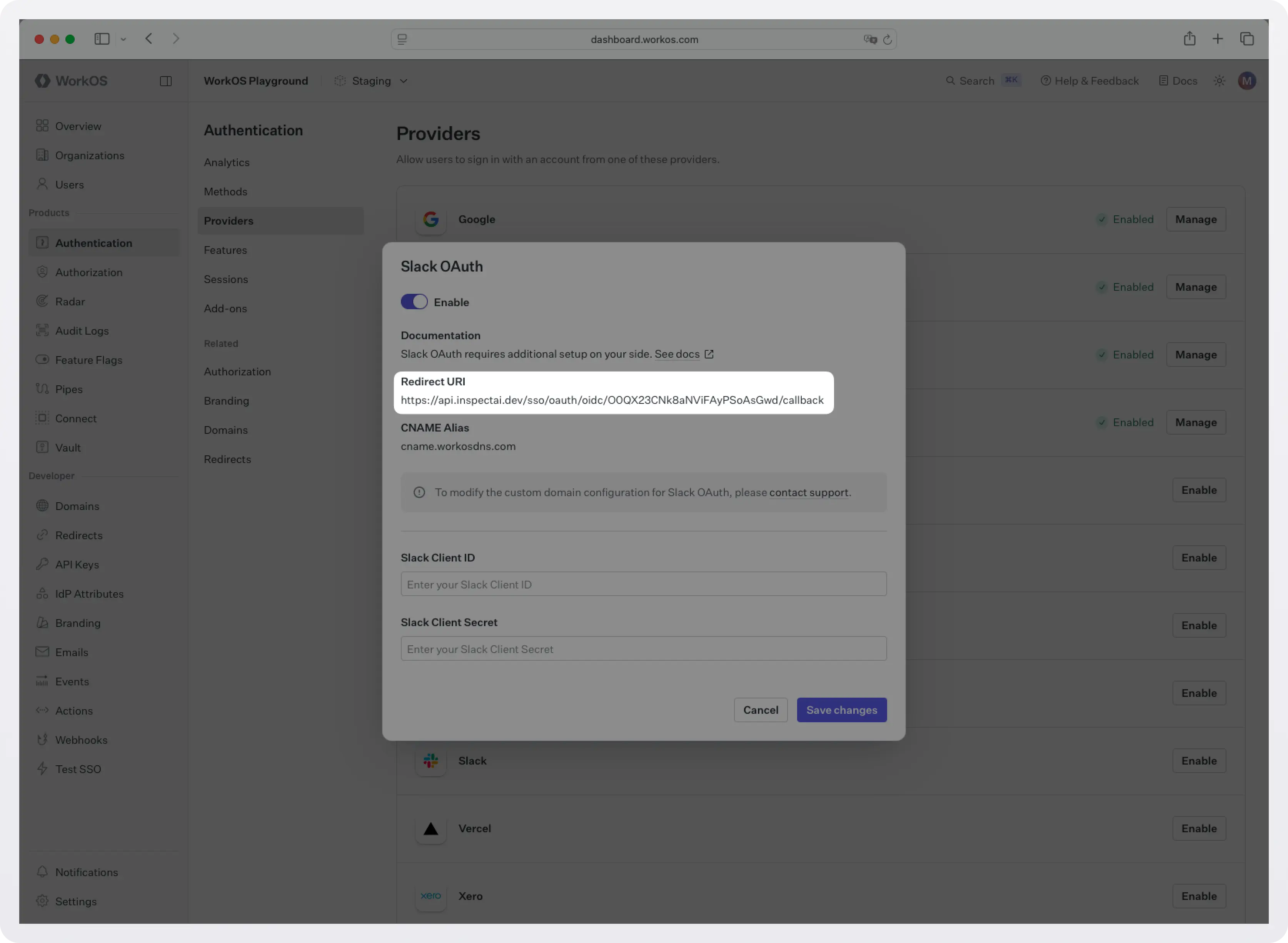 Screenshot of WorkOS dashboard > Authentication > OAuth Providers.