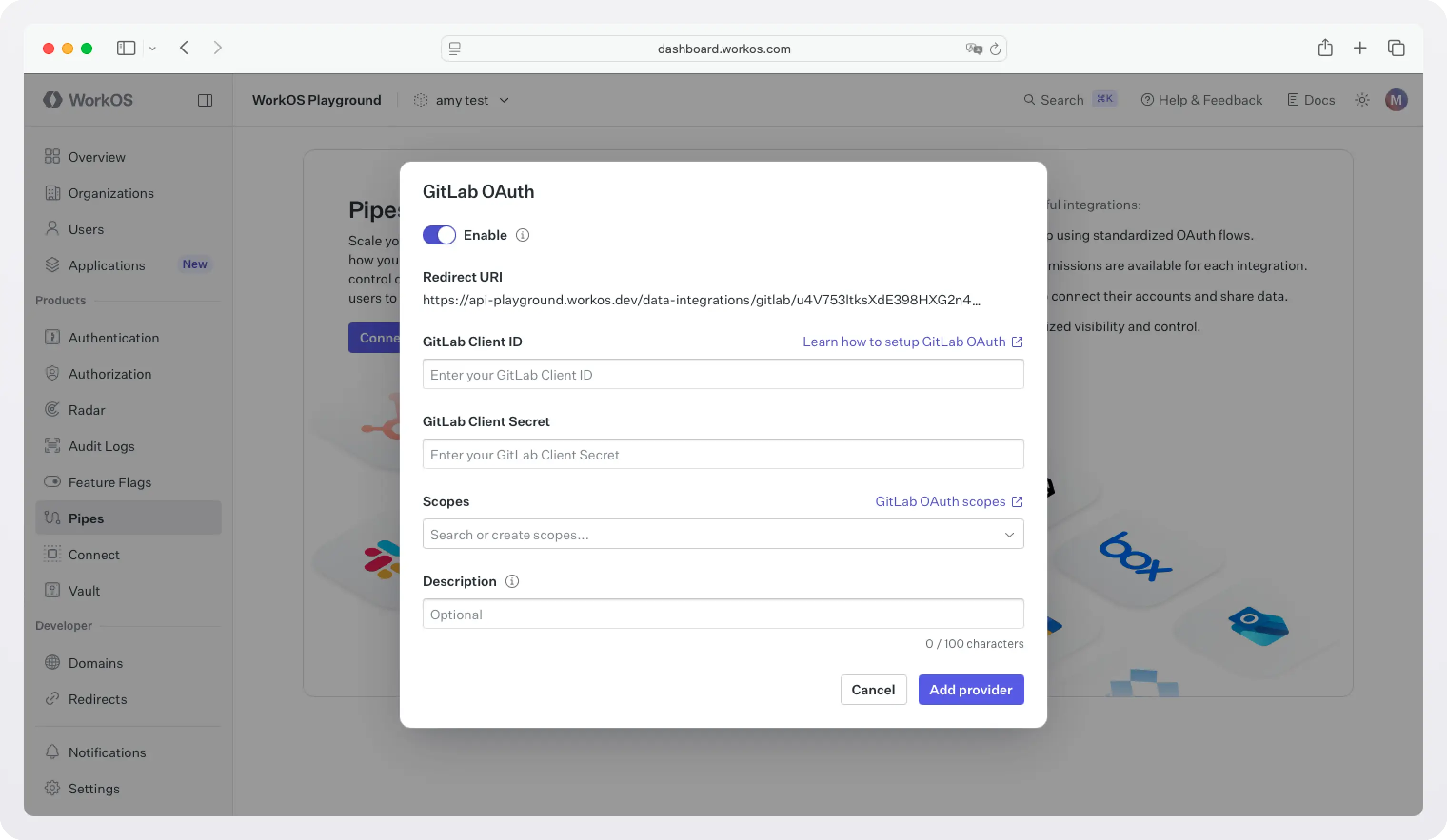 Screenshot of WorkOS dashboard > Pipes > GitLab