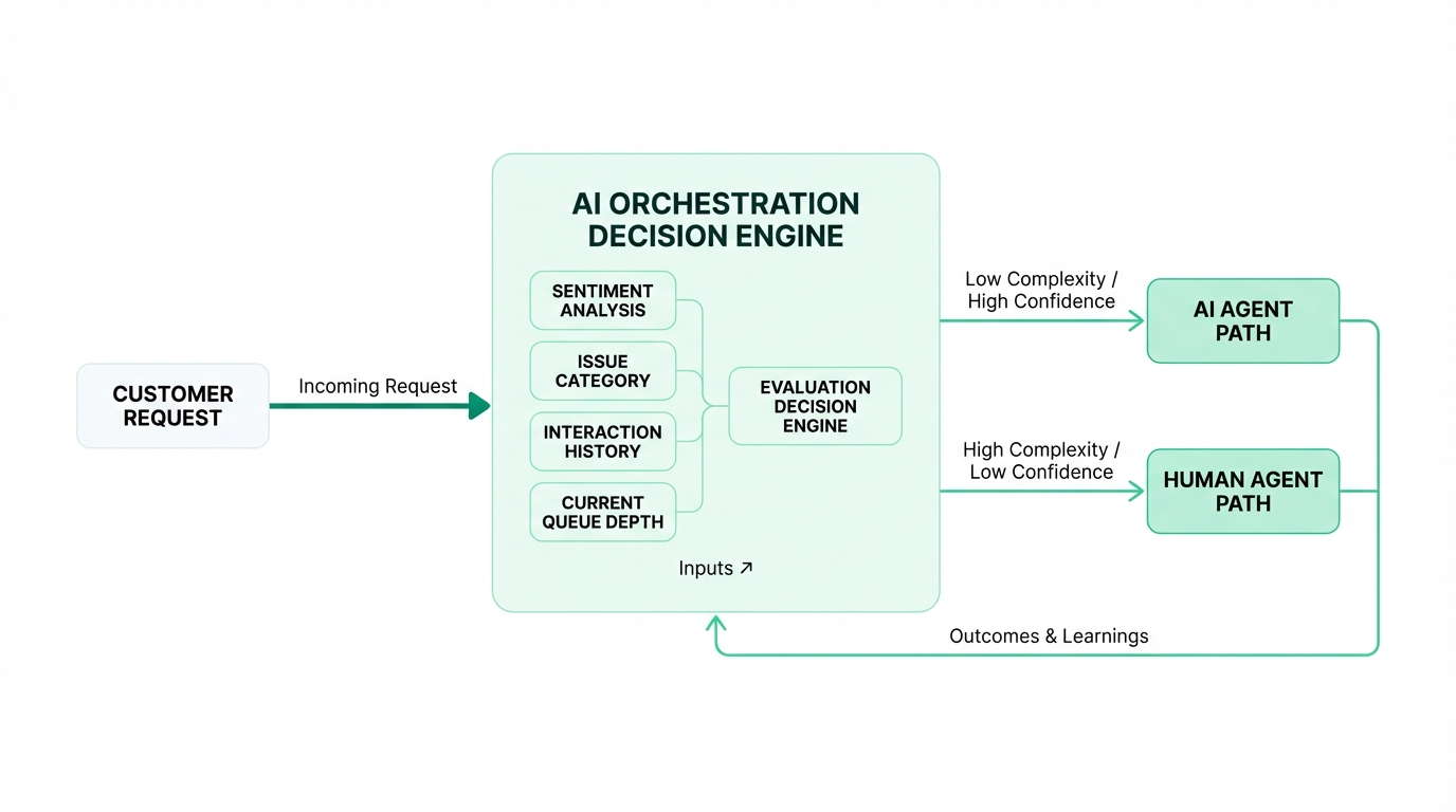 IMAGE: A flowchart showing an AI orchestration decision engine at the center. Incoming customer requests enter from the left. The orchestration engine evaluates four inputs—sentiment analysis, issue category, interaction history, and current queue depth—then routes to either an AI agent path or a human agent path on the right. A feedback loop arrow returns outcomes back to the orchestration engine. Clean technical diagram style with labeled nodes.