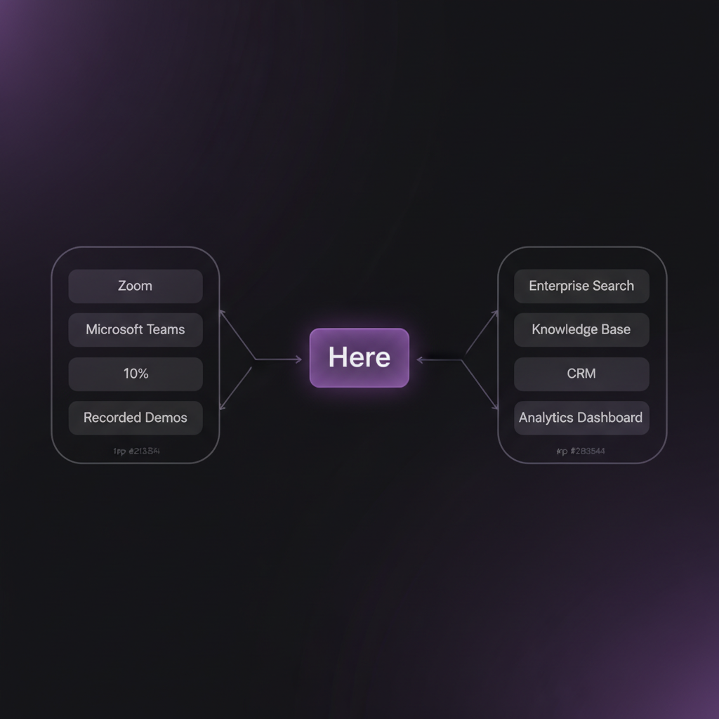 IMAGE: A simple flow diagram showing enterprise video sources (Zoom, Teams, recorded demos) flowing into a central AI processing layer labeled 
