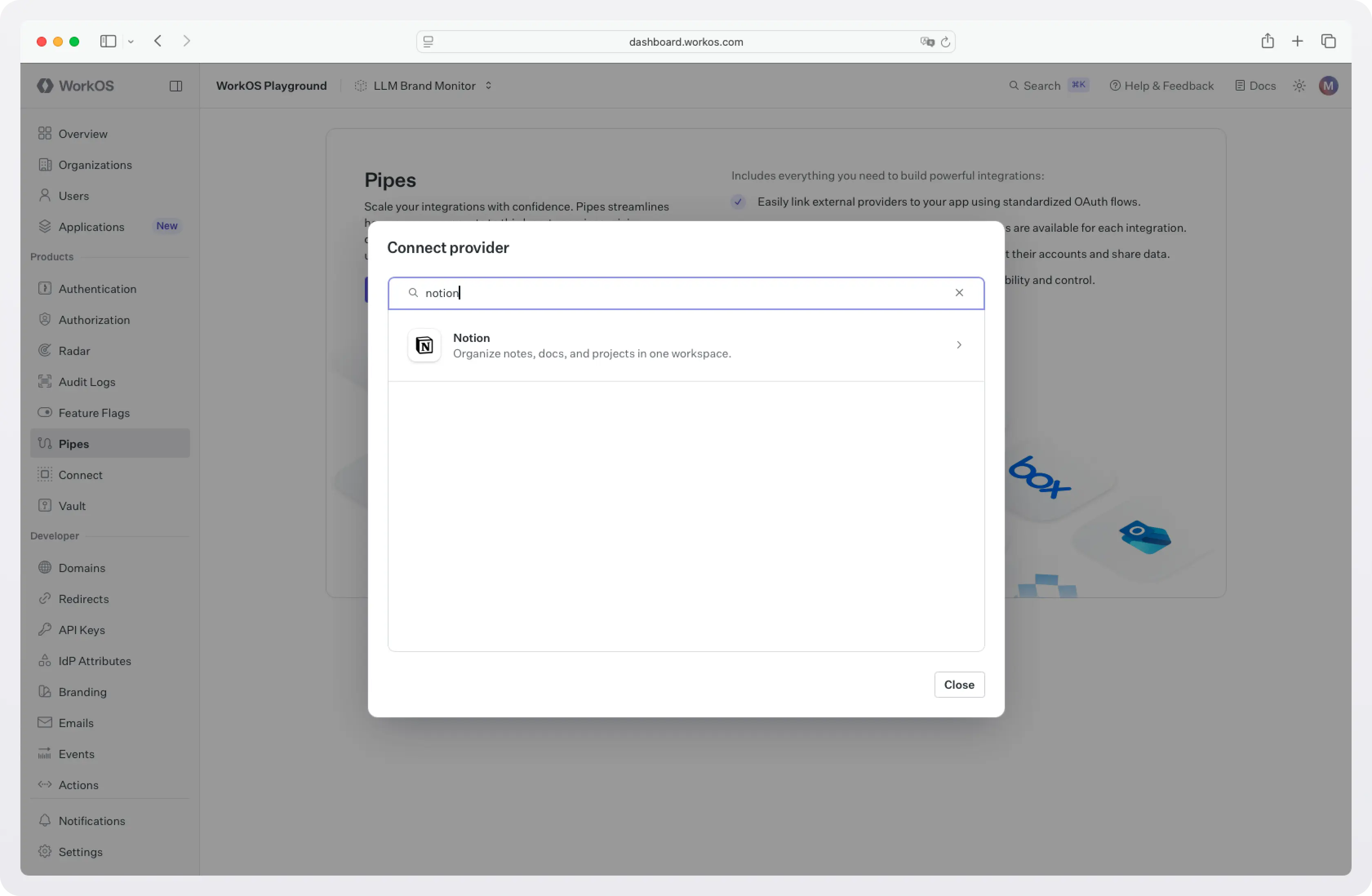 Screenshot of WorkOS dashboard > Pipes