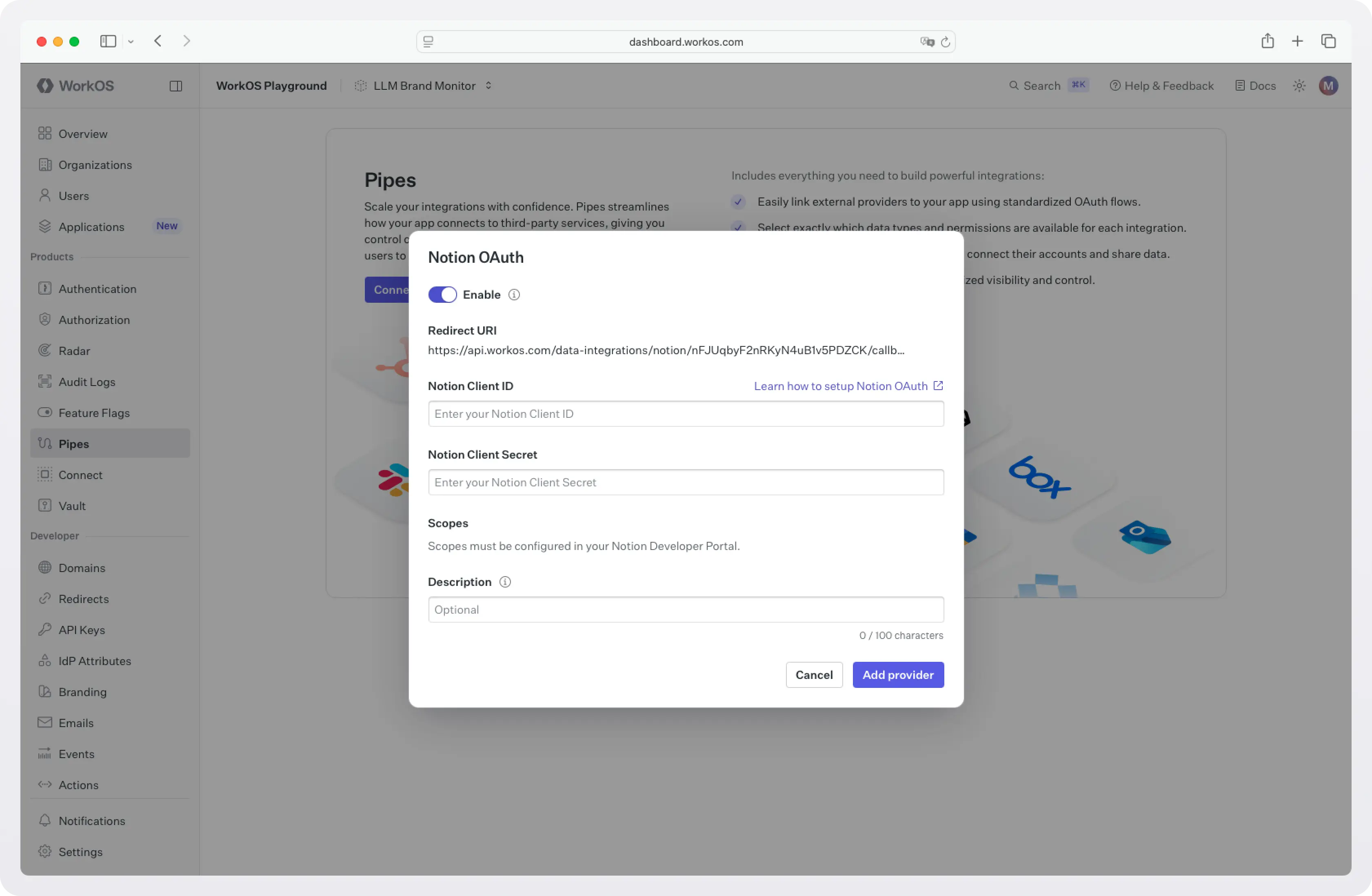 Screenshot of WorkOS dashboard > Pipes > Notion