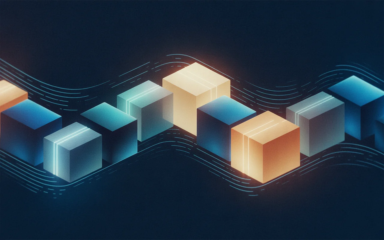 A continuous flow of small abstract crates moving past — work that keeps shipping rather than a snapshot in time