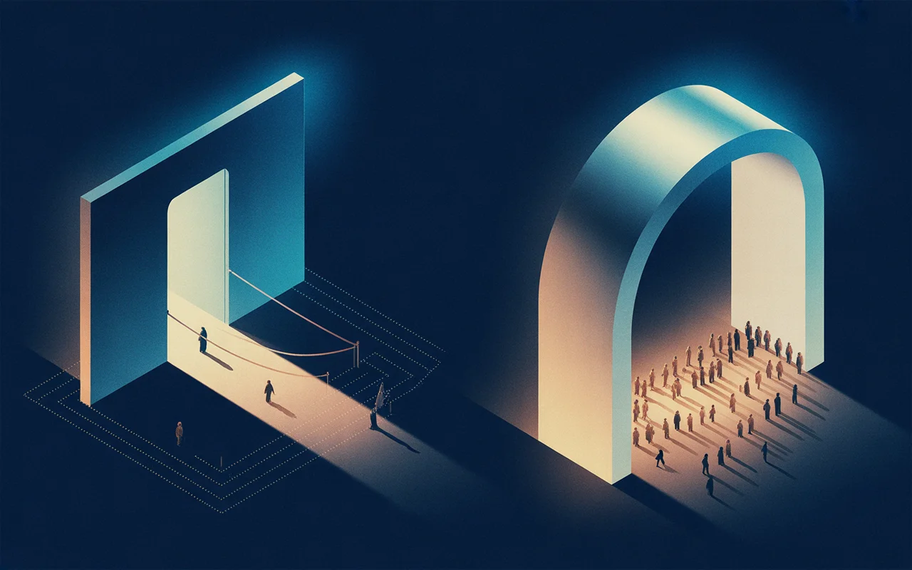 A closed door for a standalone web app contrasted with an open archway flowing out of an existing busy room — the right interface meets people where they already are