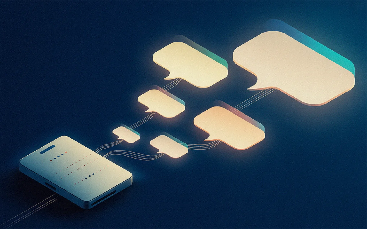 Glowing thought-bubble cards floating around a dormant device — a system surfacing its own proposals from signals already flowing past