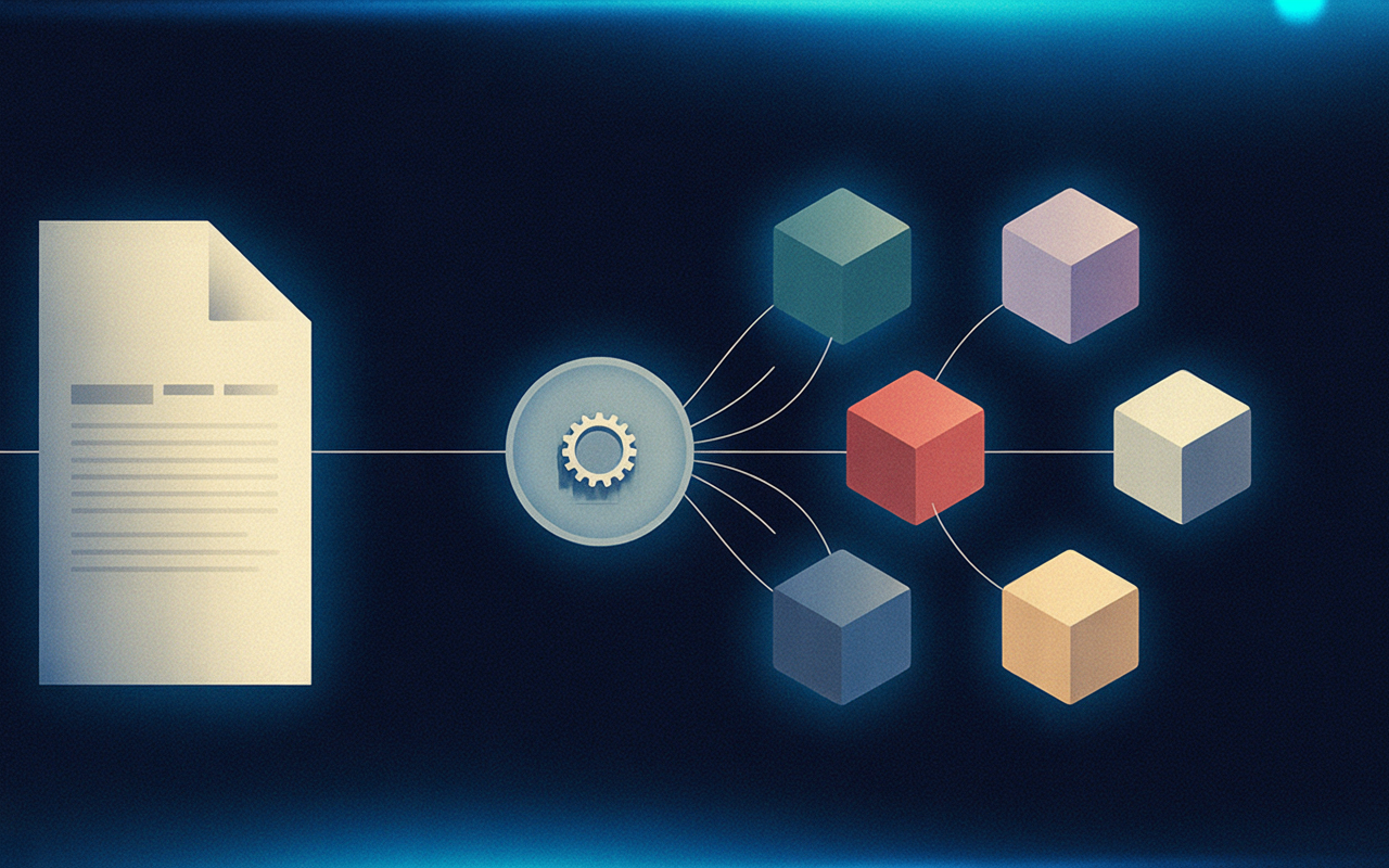 IMAGE: Left-to-right pipeline flow: a single document-shaped node on the far left representing a specification, feeding into a wide processing node in the center with a gear motif, which then fans out six thin arrows to six distinct smaller nodes on the right — each a different shape and color representing different language targets. Dark background with teal and amber highlights.