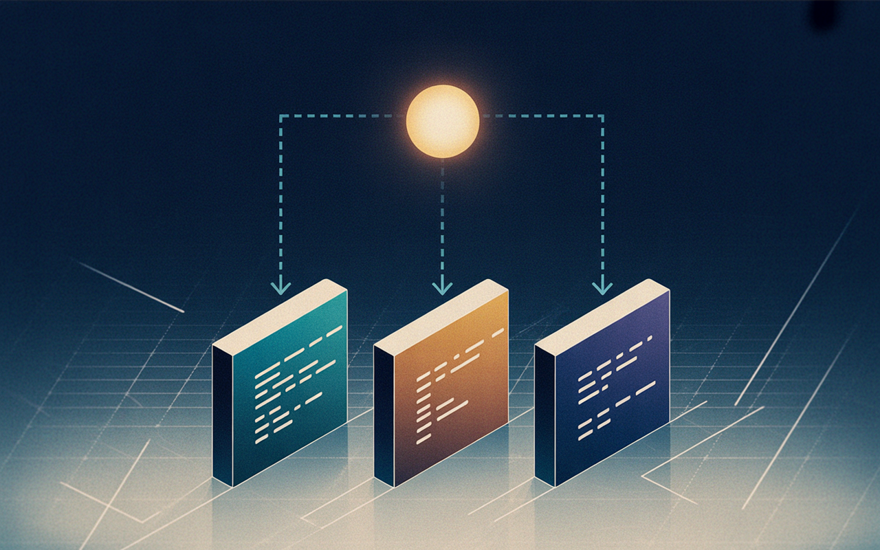 IMAGE: A three-column layout showing three abstract code-block shapes side by side, each in a different color — teal, amber, and violet. Each block has slightly different internal line patterns suggesting different code structures, but all three originate from a single glowing node above them connected by thin arrows. Minimal dark background.