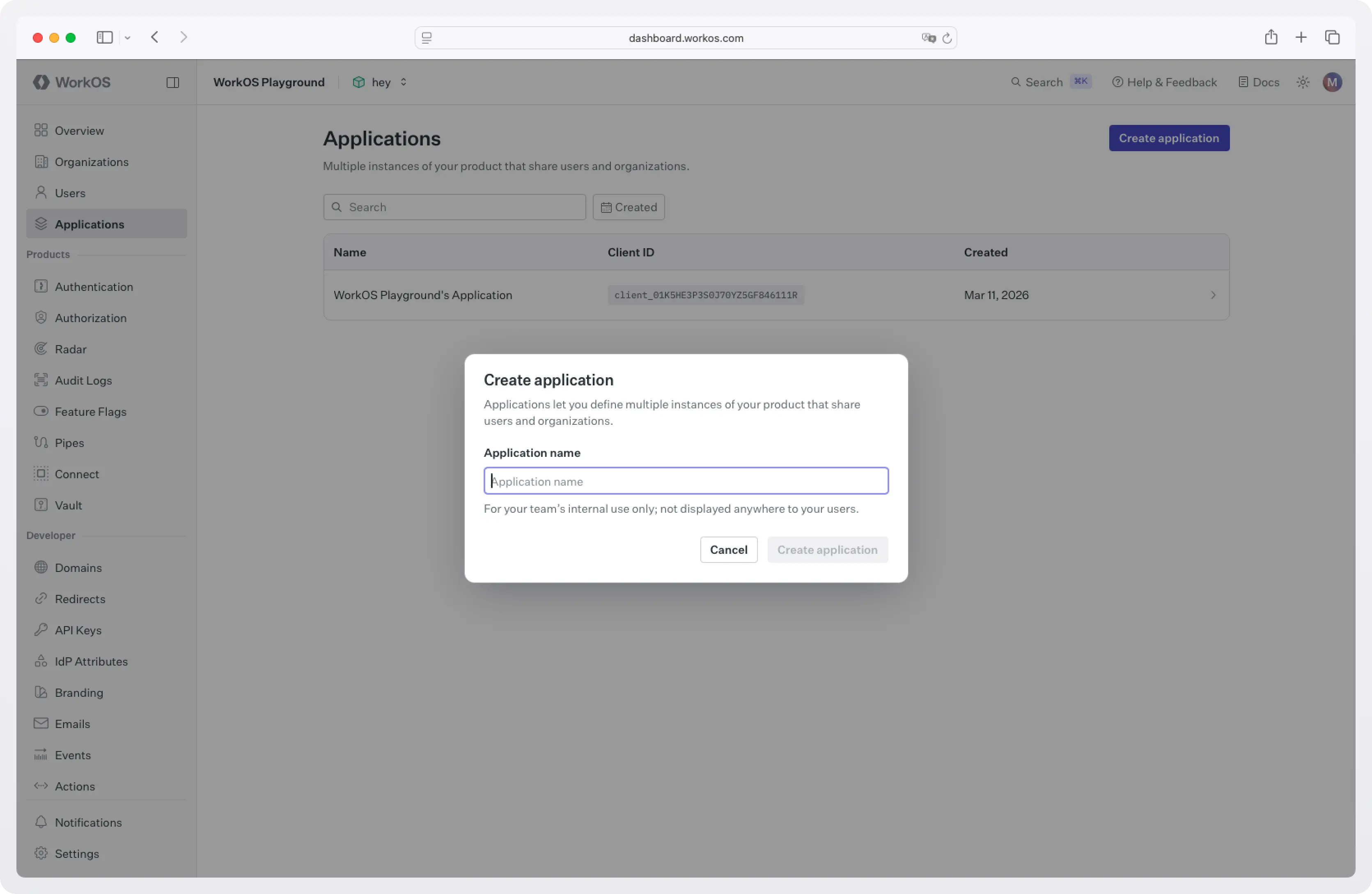 Screenshot of how to create a new application at the WorkOS dashboard