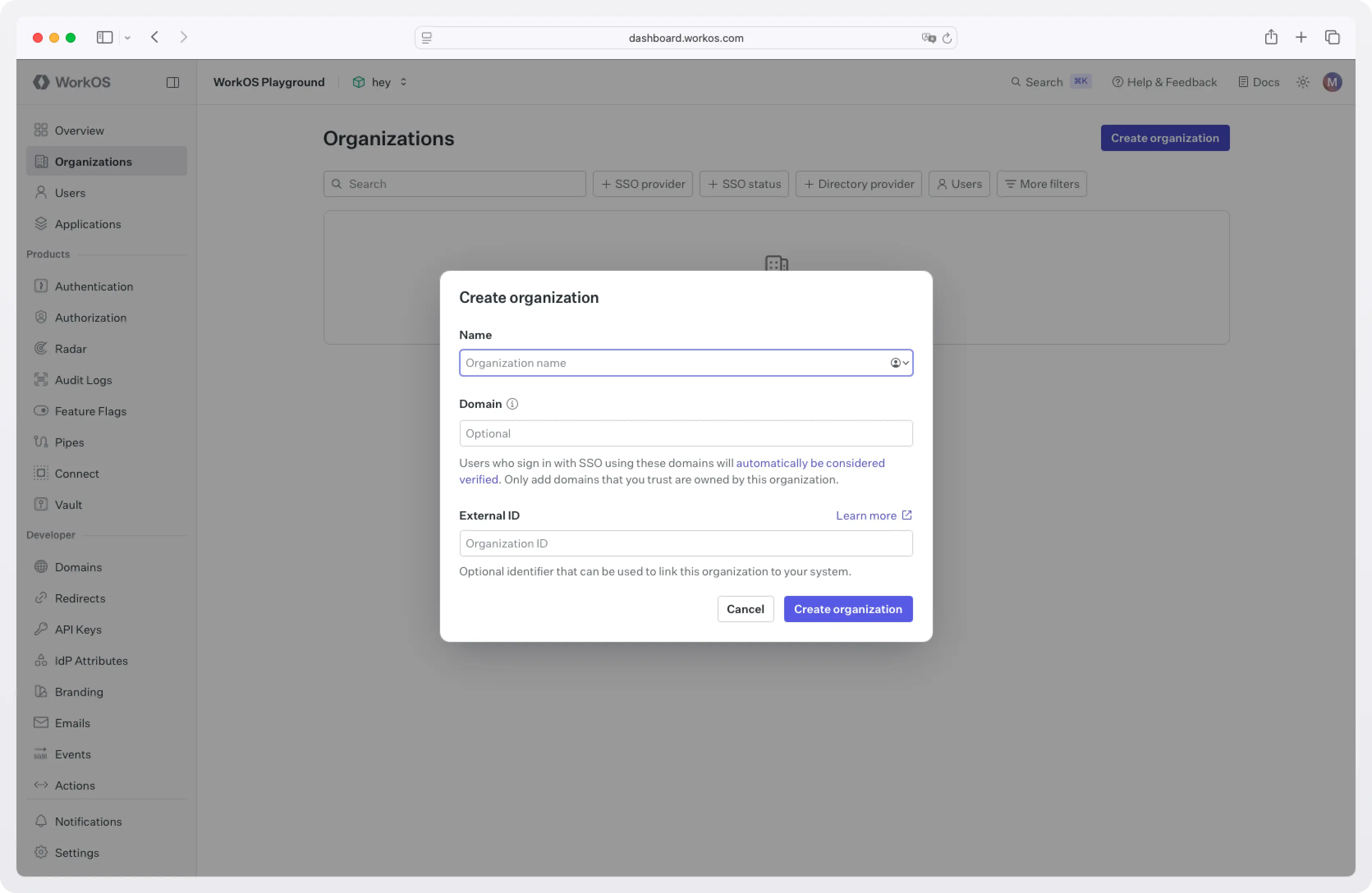 Screenshot of how to create a new organization at the WorkOS dashboard
