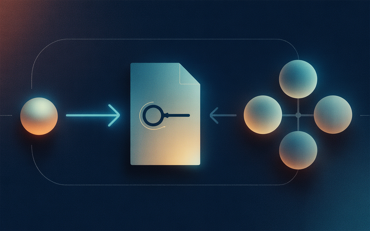 IMAGE: A horizontal flow with three regions on a dark background. On the left, a small node representing an agent emits an arrow toward a center node showing a document-shaped icon with a subtle key motif. From the center node, a second arrow flows to a cluster of three service-shaped nodes on the right. Teal and soft amber accents, no text.