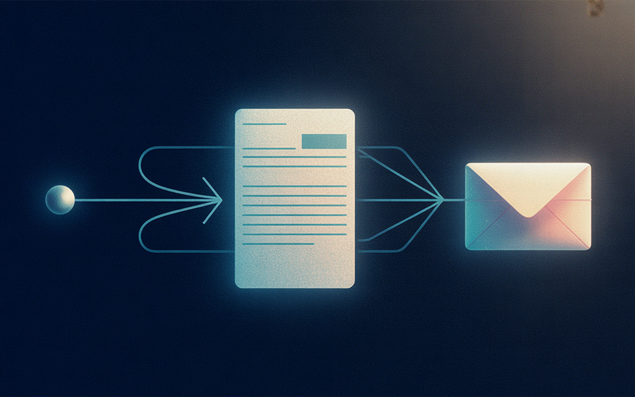 IMAGE: A clean left-to-right flow on a dark background: a small node on the far left representing an agent, a thin teal arrow to a center node with a subtle document motif representing an instruction file, and a final arrow to a right-side node shaped like an envelope glowing softly. Minimal, no text labels.