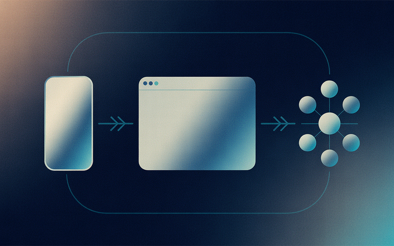 IMAGE: A stylized left-to-right flow showing a rounded phone-shaped frame on the left, a wide central browser-window-shaped node in the middle, and a cluster of small agent-shaped nodes on the right. Thin teal connector arrows flow in both directions between all three. Dark background, cyan-teal highlights, no text or labels.