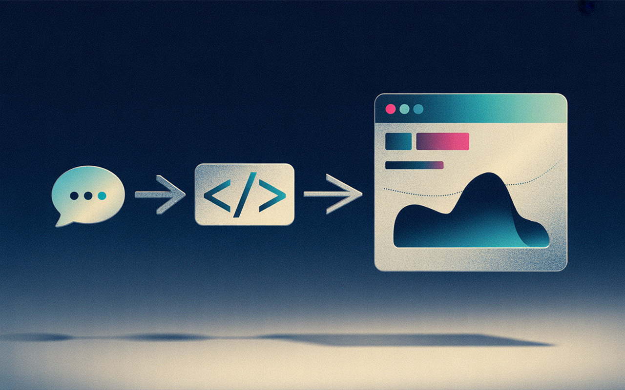 IMAGE: Left-to-right flow showing a small chat-bubble shape on the far left, an arrow into a center node with a subtle code-bracket motif, and an arrow out to a larger panel on the right containing an abstract chart shape with a line graph silhouette. Dark background, teal and magenta accents on the chart panel.