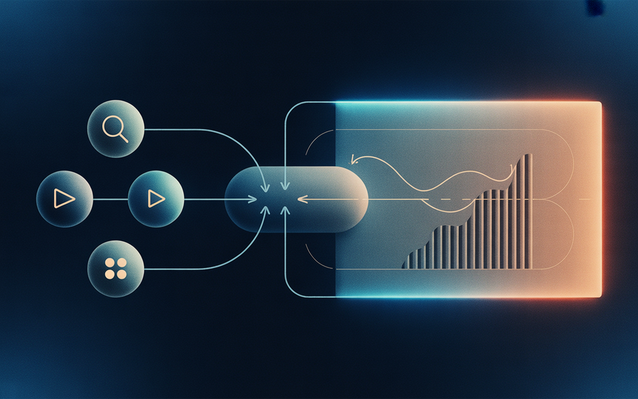 IMAGE: Three small node shapes on the left labeled only by distinct icons — a magnifying glass silhouette, a play-triangle, and a paint-palette dot pattern — each connecting via thin arrows to a central rounded rectangle, which then connects to a larger panel on the right showing an abstract dashboard composition of bars and lines. Dark background, cyan highlights.