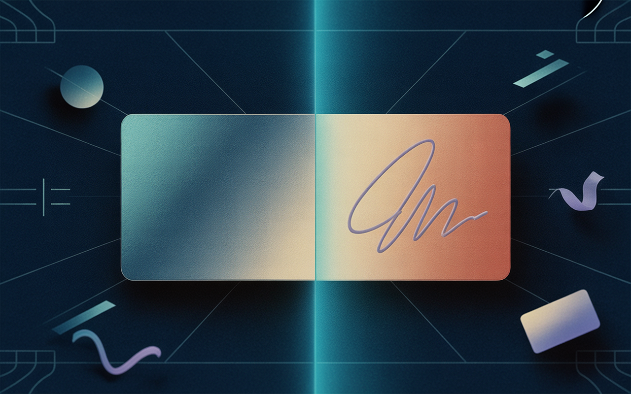IMAGE: Abstract editorial illustration of agents-as-customers as a conceptual split: a glowing geometric credit card or token shape on one side, a flowing signature or contract line on the other, divided by a vertical luminous seam down the center. No human or robot figures. Subtle floating abstract shapes evoking commerce — circles, arrows, currency glyphs — drifting in the background. Dark navy palette with teal and violet accents, minimalist and graphic.