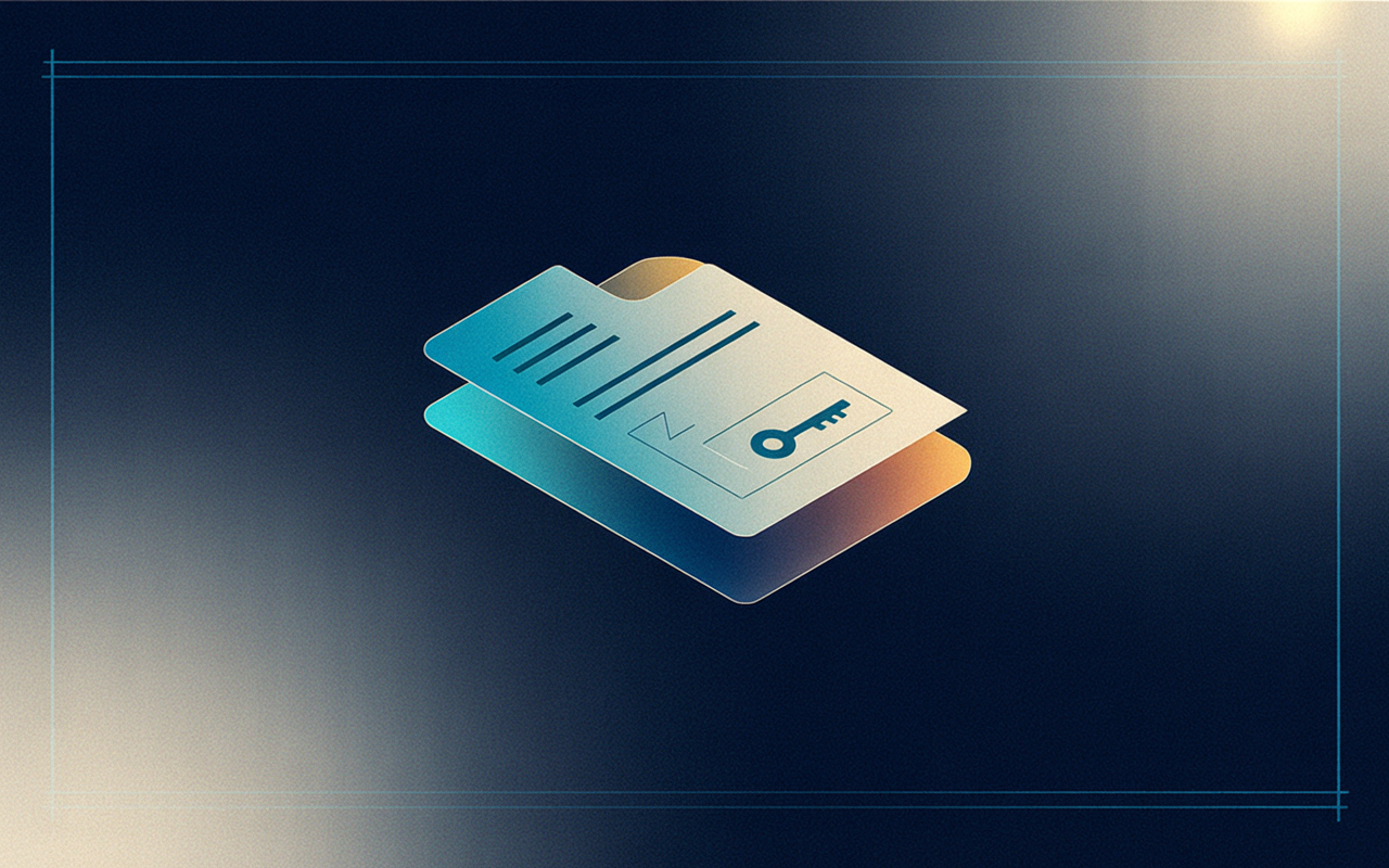 IMAGE: A dark terminal-style background with a single document-shaped node centered, rendered with a subtle markdown chevron motif and a small key glyph. Teal and soft amber accents, no text, OG-friendly composition.