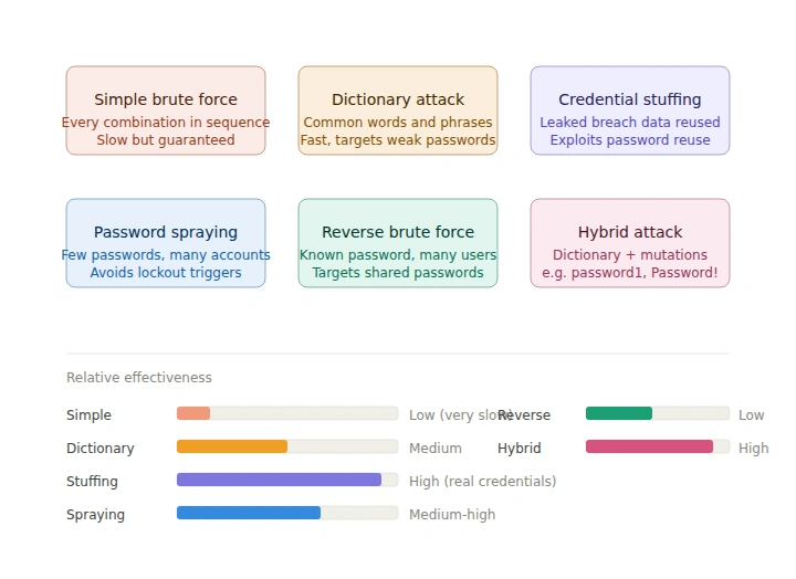 Grid showing six types of brute force attacks: simple brute force (tries every combination in sequence, slow but guaranteed), dictionary attack (uses wordlists of common passwords, fast), credential stuffing (replays leaked breach data, high success rate), password spraying (tries a few common passwords across many accounts to avoid lockouts), reverse brute force (one known password tested against many usernames), and hybrid attack (dictionary words with common mutations like numbers and symbols appended). A bar chart below shows relative effectiveness, with credential stuffing and hybrid attacks rated highest.