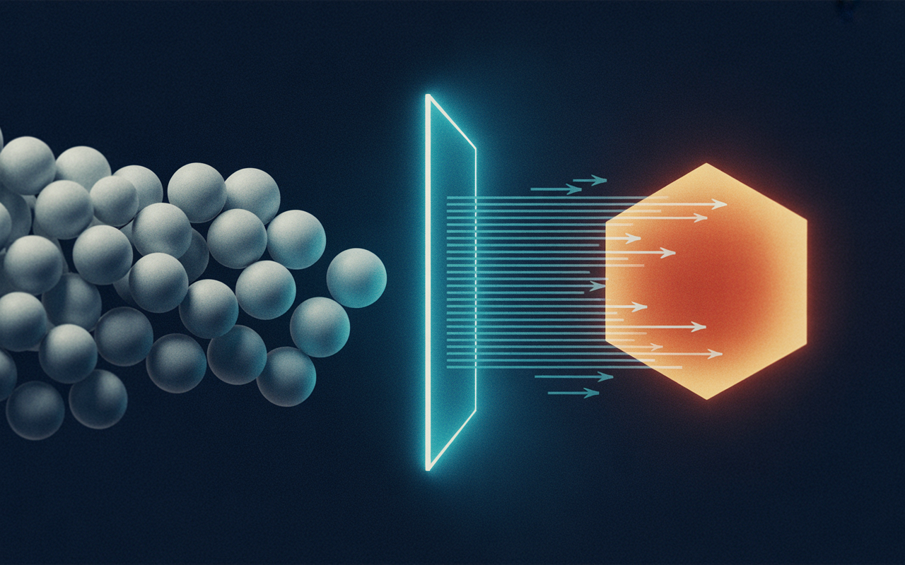 IMAGE: Abstract left-to-right flow on a dark background. On the left, a cluster of many small identical circular nodes in muted gray representing anonymous origins. In the middle, a single vertical boundary line glowing teal, acting as a gate. On the right, a large warm-orange hexagonal node representing expensive compute. Thin 1.5px arrows from the gray cluster try to cross the teal boundary toward the orange node; most are deflected, a few pass through.