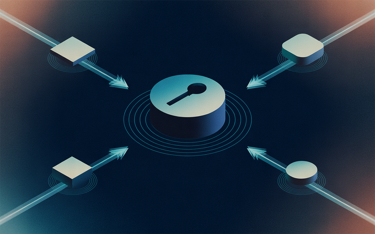 IMAGE: Abstract identity-graph illustration. A central dark node with a subtle key motif sits in the middle. Three smaller nodes radiate outward — one shaped like a hexagon, one a rounded square, one a circle — each connected by thin teal arrows back to the center. Faint concentric rings around the center node suggest blast radius. Dark background, cyan-teal accents, no text.