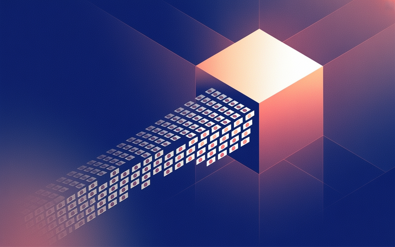 An abstract flow of small identity tokens moving from a loose cluster of interconnected framework blocks toward a single consolidated managed hub, deep blue and violet gradient, clean geometric shapes, sense of routing and consolidation