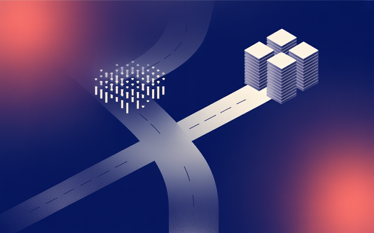 A branching roadmap diagram: the main path curves toward a cluster of autonomous agent nodes while a thinner side branch leads to enterprise building blocks, illustrating diverging priorities
