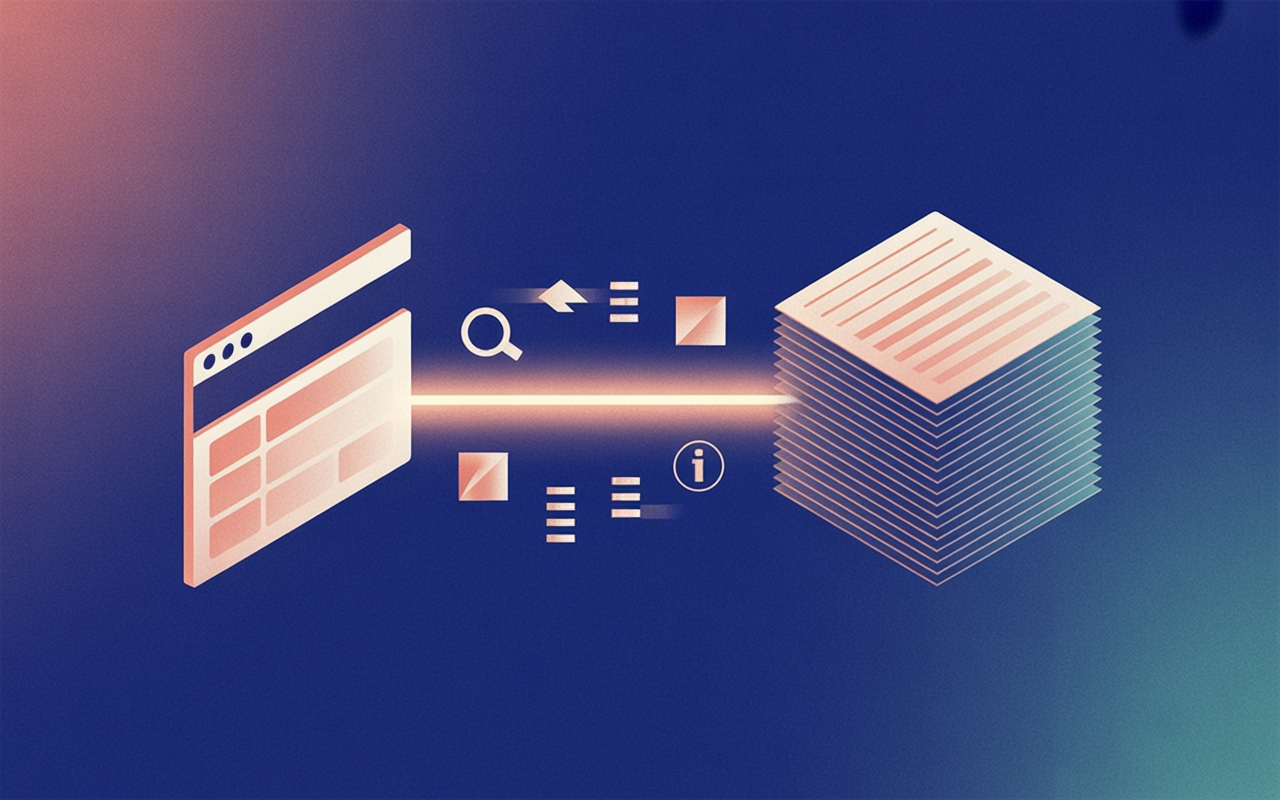 A clean isometric diagram showing a browser window on the left connected by a glowing horizontal line to a stack of layered document pages on the right; small geometric tool icons — a magnifying glass, a list, an arrow, an info circle — float along the connecting line; deep blue and teal palette on a light background, no text anywhere