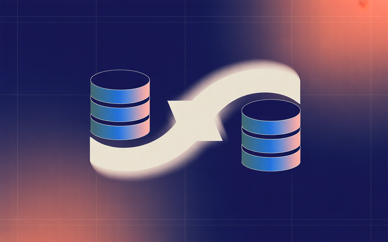 IMAGE: two abstract database or record nodes connected by a flowing arrow, one node updating to match the other, in a clean deep-blue and off-white palette with a subtle grid, conveying two systems coming back into alignment
