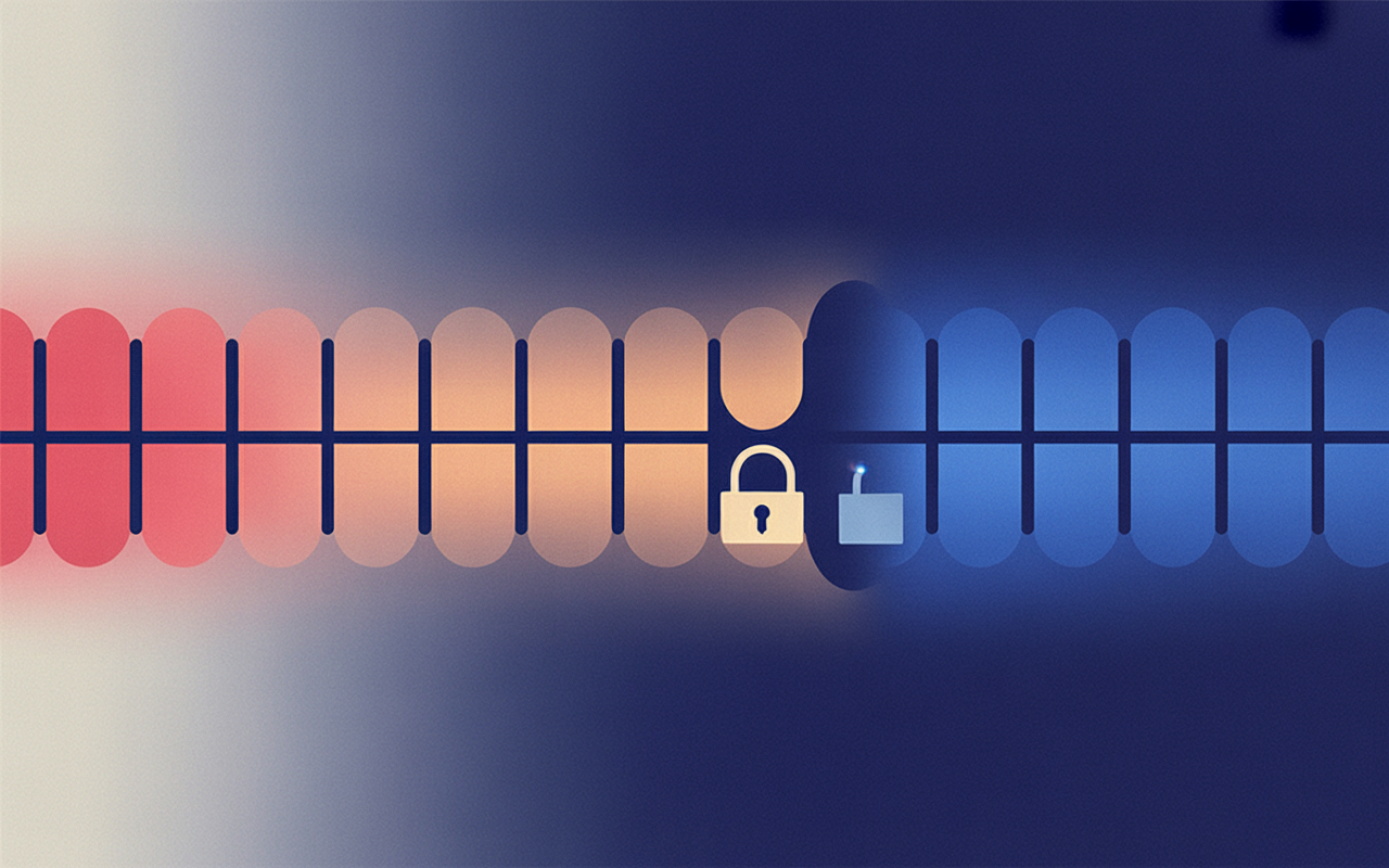 IMAGE: A horizontal timeline with evenly spaced vertical tick marks; a red event marker near the start, a gap shaded in translucent amber spanning several ticks, and a blue sync marker later on the line; a small icon of an open padlock sits inside the amber gap and a closed padlock after the blue marker; clean, flat, light background