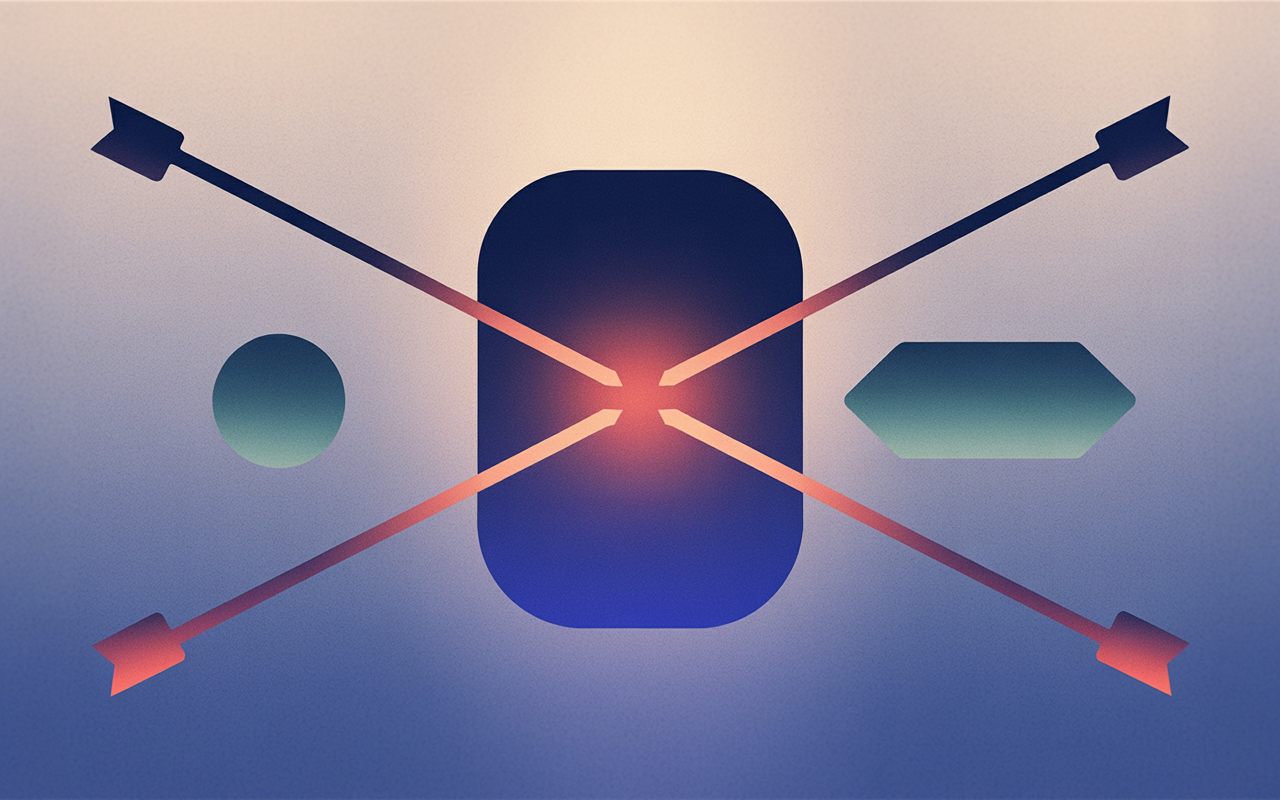IMAGE: A central rounded square hub with three directional arrows fanning out to three distinct target shapes — a small circle, a rounded rectangle, and a diamond — each arrow tipped with a small X mark to suggest severing; the hub in deep blue, the three targets in teal, the sever marks in warm red; flat, symmetrical, light background with even spacing
