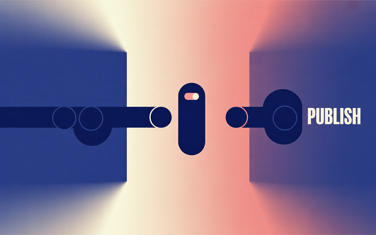 A pipeline of connected nodes leading toward a publish target on the right, interrupted in the middle by a raised gate or checkpoint barrier with a single approval toggle, minimal geometric shapes, WorkOS blue and purple palette on a light background, no text