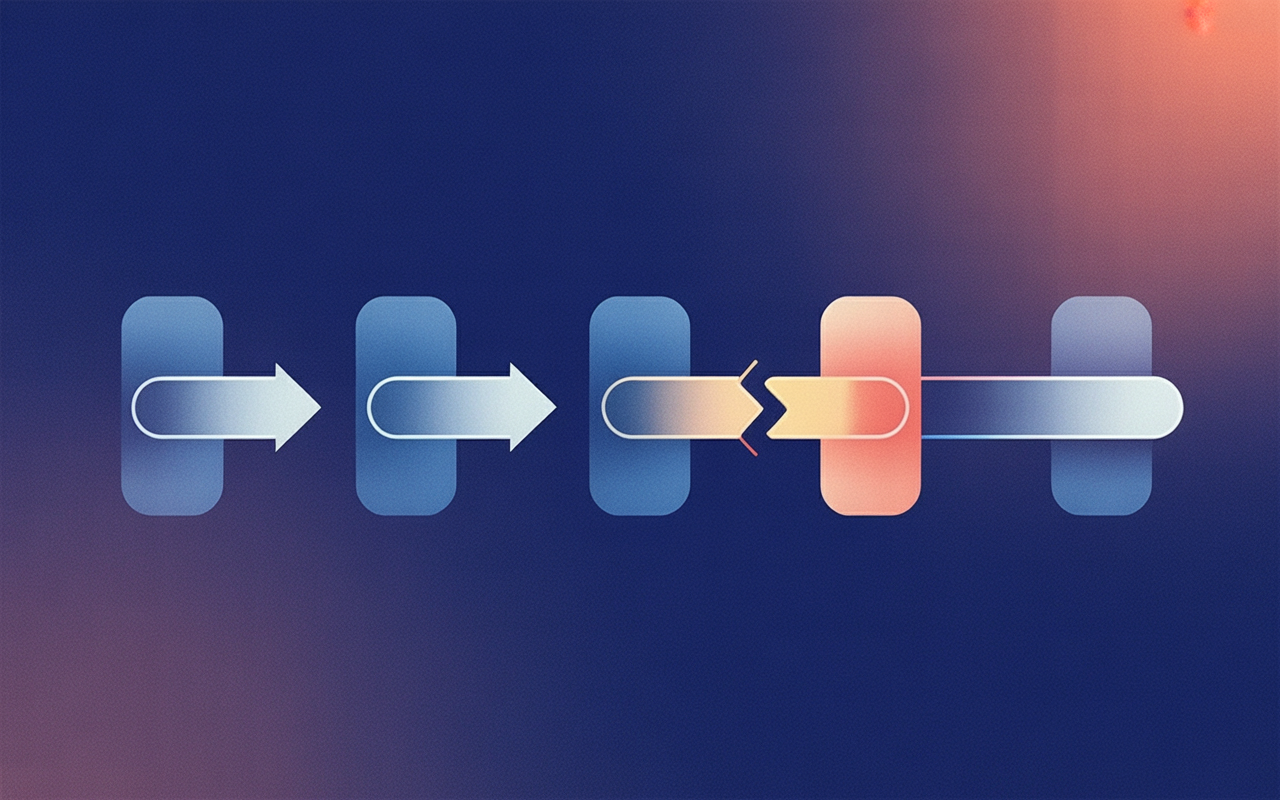 IMAGE: A horizontal timeline of five short segments in sequence, each a small rounded bar, with a curved arrow looping from the end of each segment back to the start of the next to suggest renewal; one segment near the middle is cut short with a small warning-colored break mark where the loop stops; cool blue bars, a single amber break; flat, clean, lots of horizontal whitespace