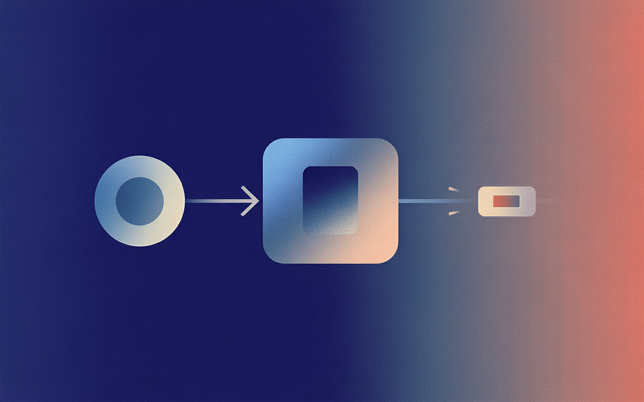 IMAGE: An external circle on the left representing an identity provider, connected by a directional arrow to a central rounded rectangle representing the application; from that rectangle a short arrow reaches a small token shape that fades out partway along its path; cool blues for the provider and app, the fading token in muted gray-amber; flat, minimal composition with clear left-to-right flow