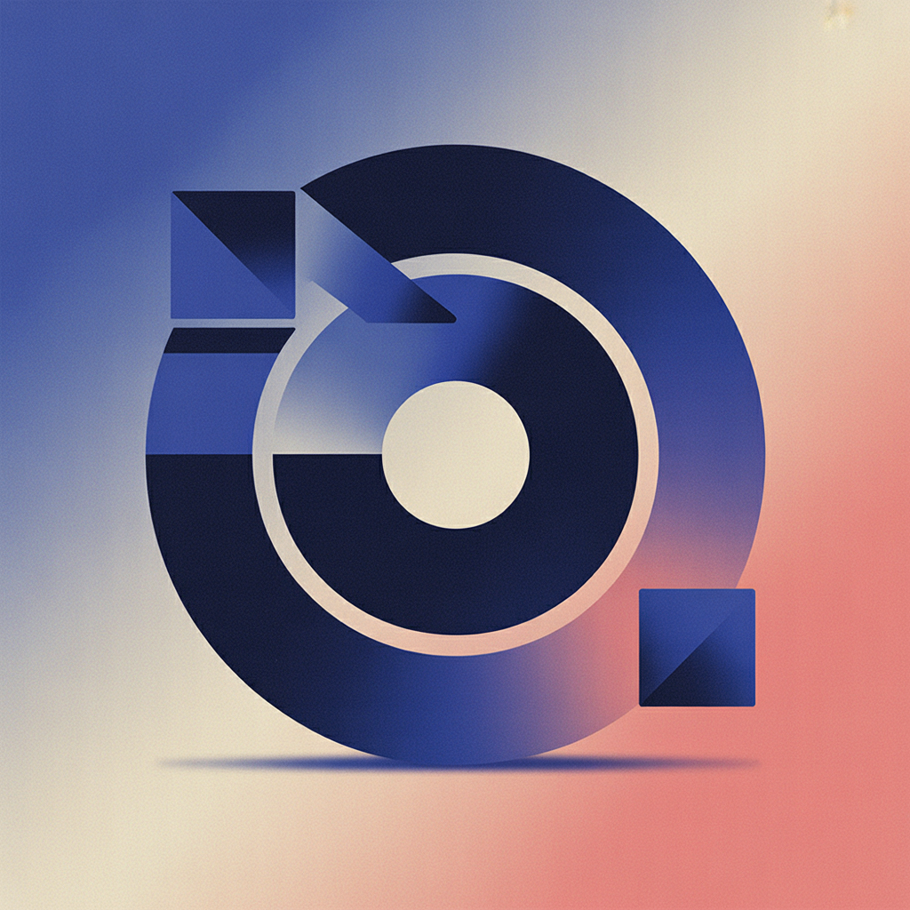 Two overlapping circular arrows in WorkOS brand blue and violet on a light background, the smaller loop nested inside the larger one, with a single small solid square resting outside both loops at the end of the path