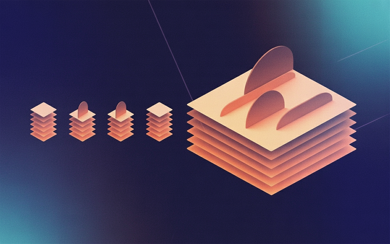 IMAGE: An abstract illustration of several separate small stacks of shapes on the left, each with its own duplicated base layer, converging into one shared wide base layer on the right that supports several distinct shapes above it, dark background with cyan and teal accents