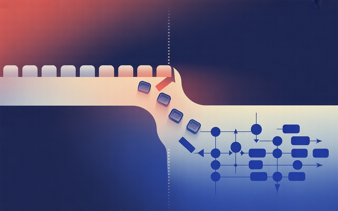 Two parallel lanes, one a row of rectangles and one a directed graph, with request tokens flowing into both at once and gradually shifting from the first lane to the second