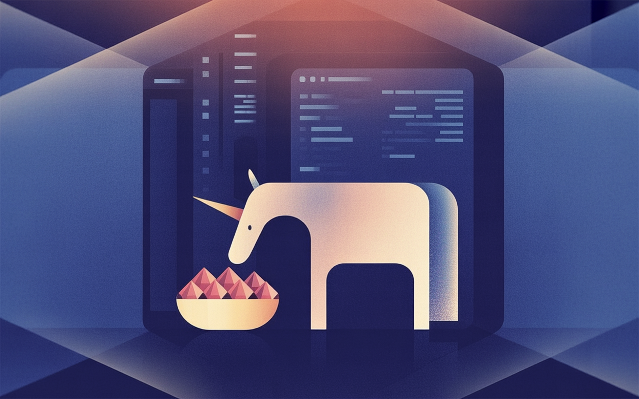 A whimsical, minimal scene: a unicorn in simple clean shapes, light cool-toned body with a warm accent horn, standing beside a small bowl filled with faceted ruby-like gemstones. T