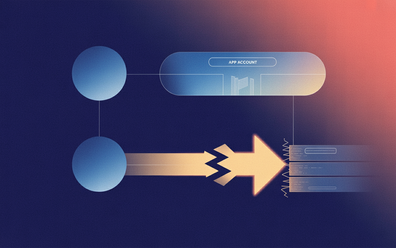 IMAGE: Two provider nodes as blue circles on the left, an app service as a blue rounded rectangle in the center, and a single account record as a rounded rectangle on the right; from the lower provider a warm amber arrow carries a small matching-token shape into the app and onward to the account, bypassing a verification checkpoint drawn as a broken gate; flat, minimal, high contrast, generous whitespace