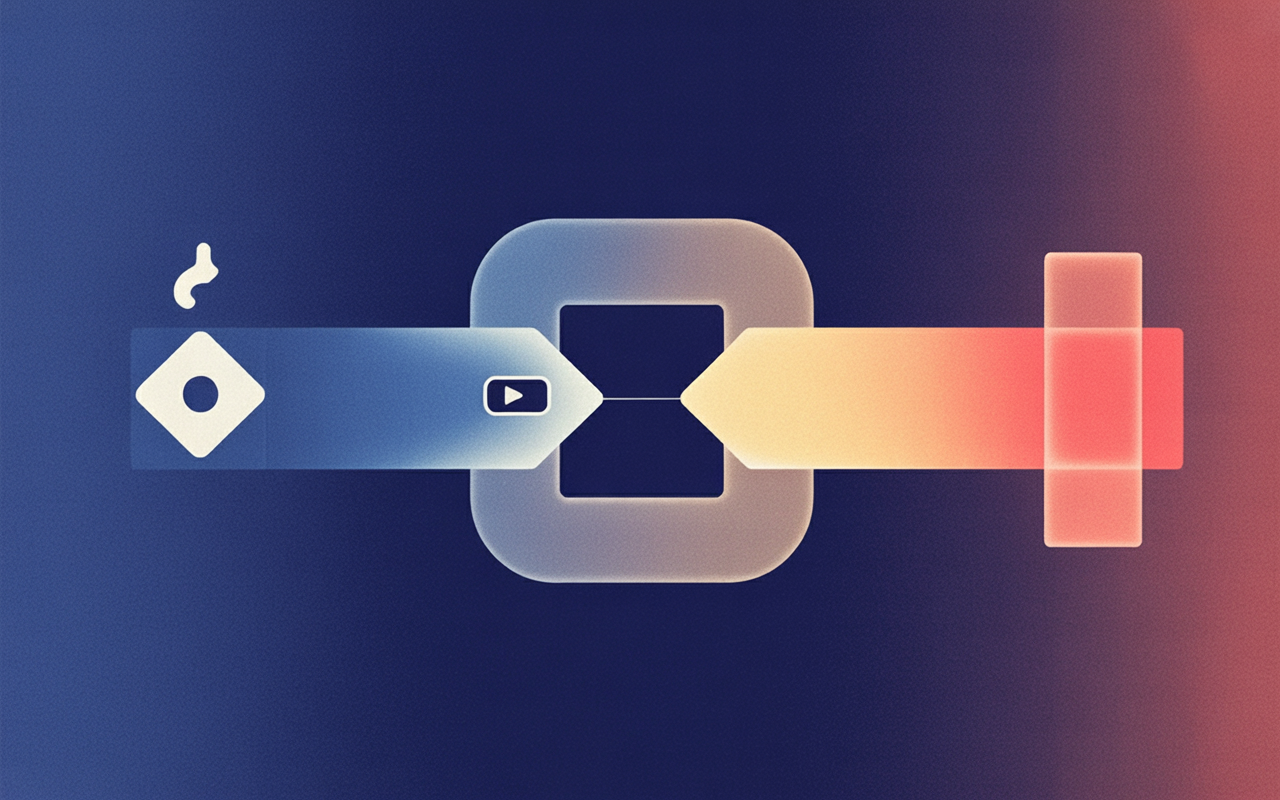 IMAGE: A decision flow reading left to right: an incoming login token as a small shape enters a diamond checkpoint; one branch in cool blue leads to an existing account record only after passing a second confirmation gate; another branch in neutral gray loops to a freshly created record; a warm amber branch representing an unverified claim terminates at a solid stop block; flat, minimal, generous whitespace