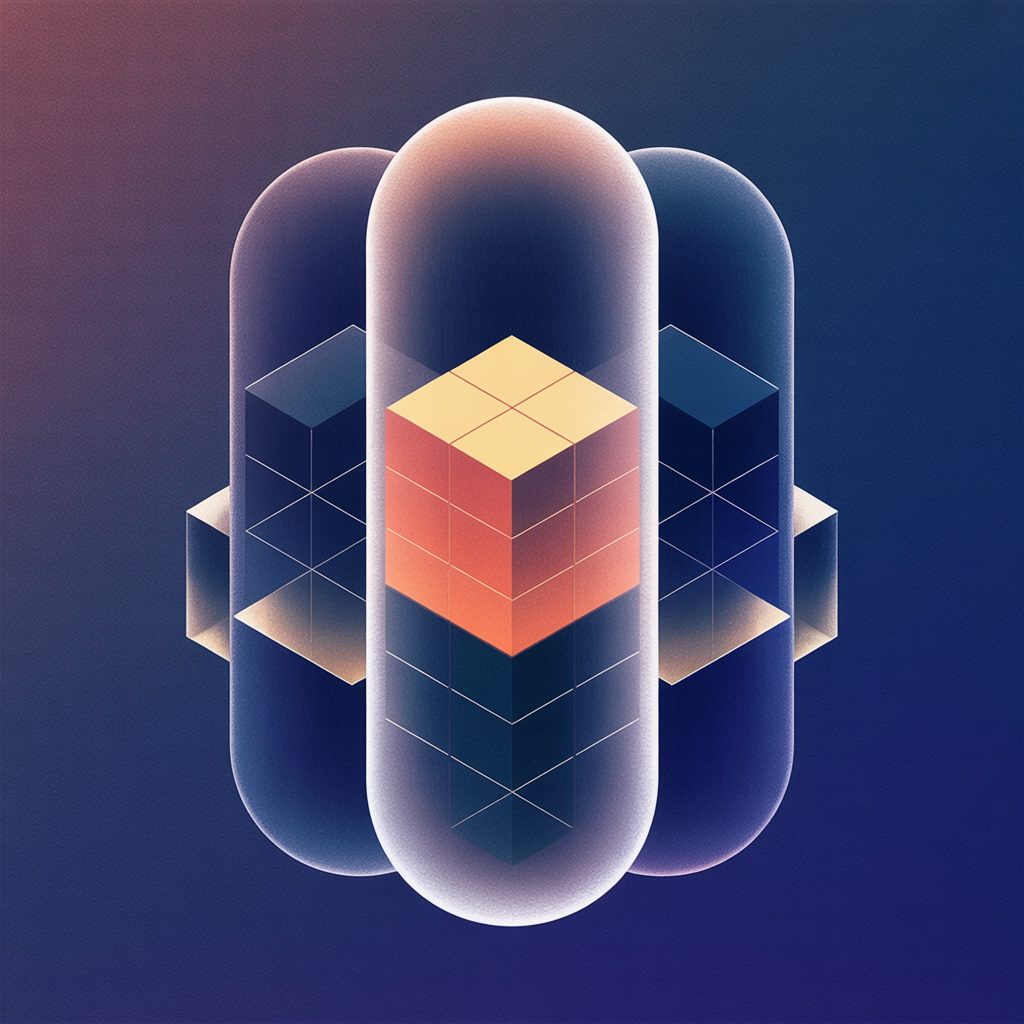 Three identical translucent capsules floating at different depths, each holding the same fixed grid of geometric shapes, illustrating one environment definition reproducing identically across machines