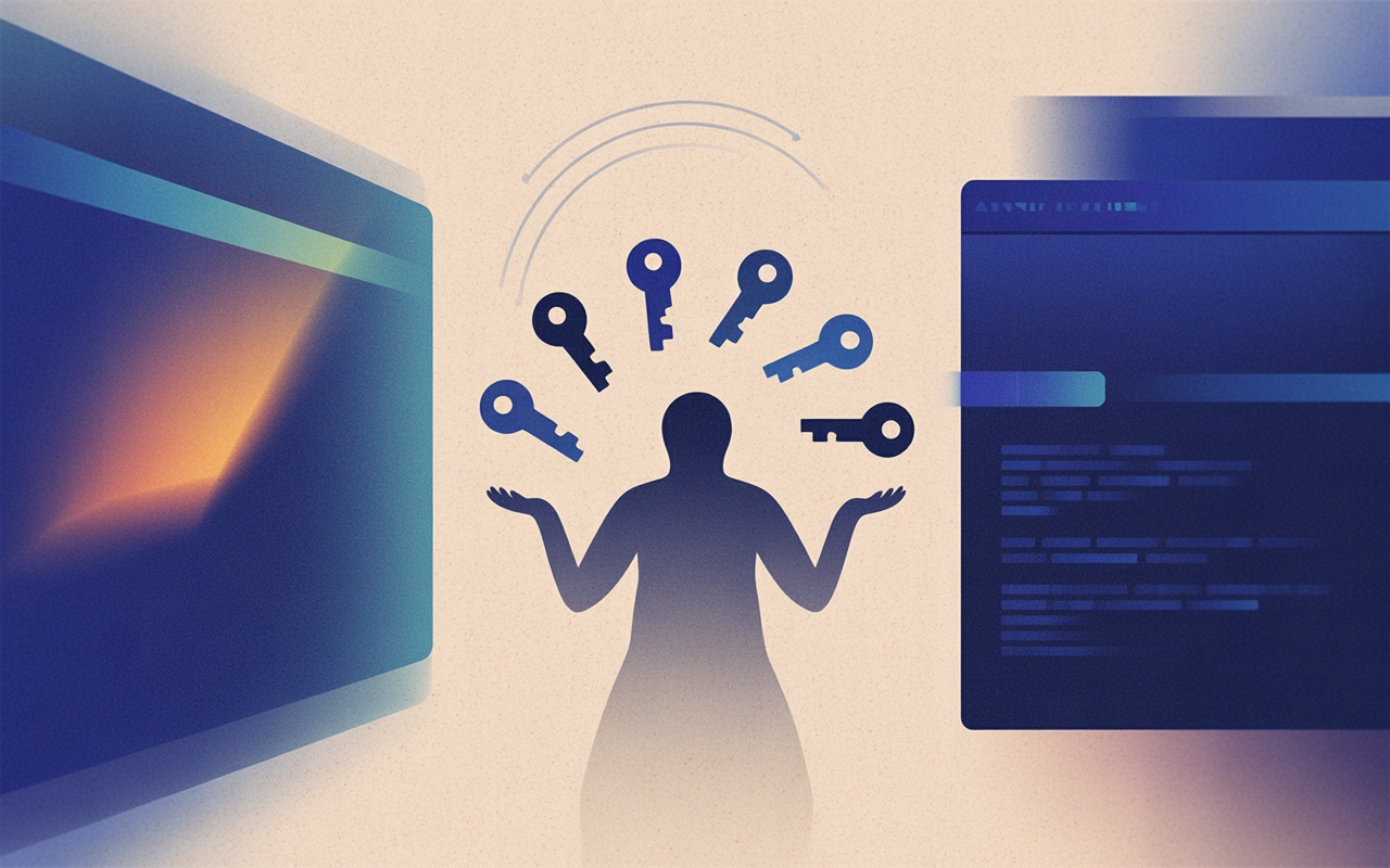 Flat vector illustration of a stealthy figure in a neutral pose juggling multiple key-shaped passkey icons, with curved motion lines suggesting a smooth juggling arc above their hands, in cool blues and teal with subtle warm accents.