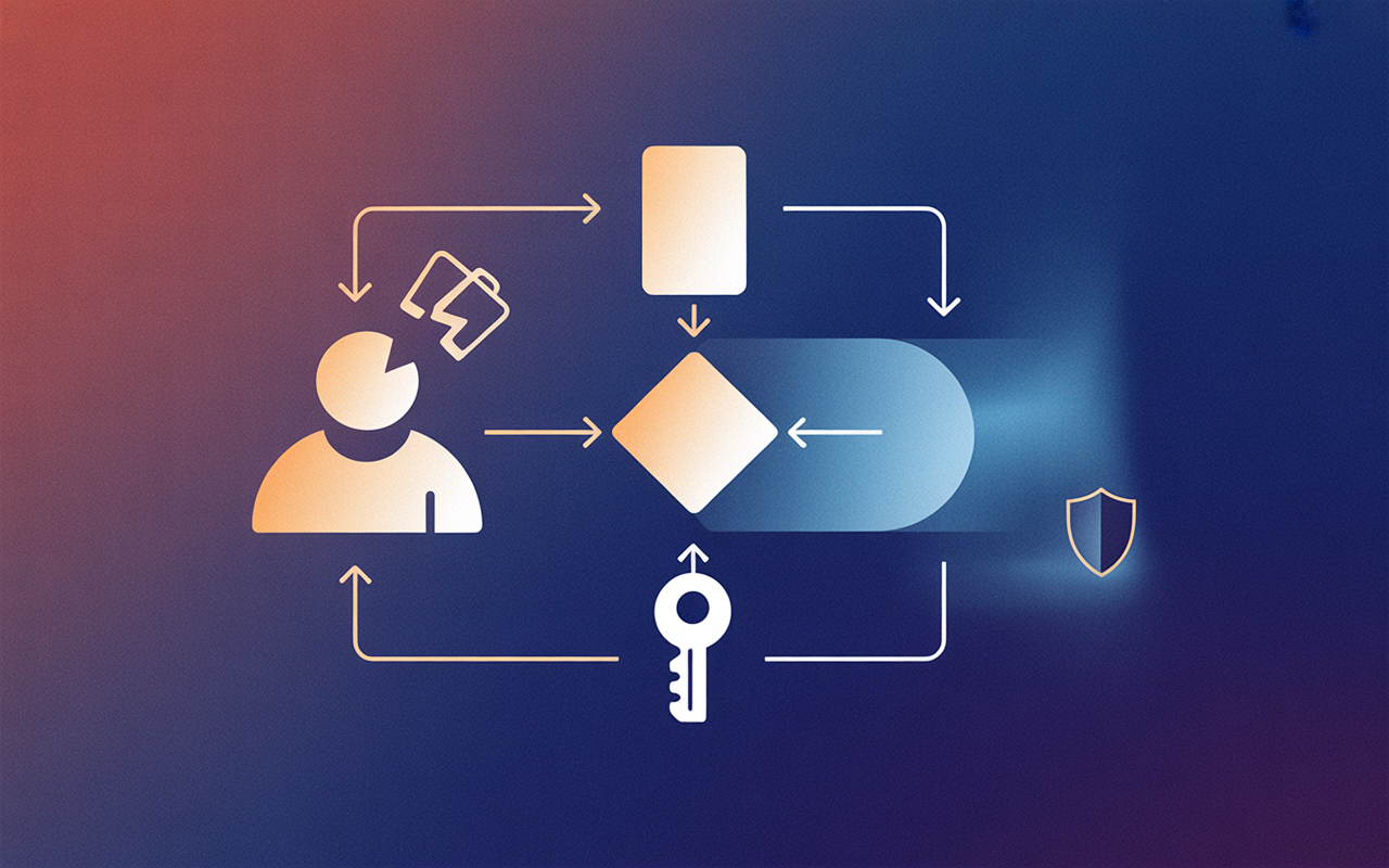 IMAGE: Flat vector diagram of an enrollment and recovery approval flow: a person-shaped node on the left with a broken device icon (small crossed-out rectangle) sends a request arrow to a central diamond decision node; from the diamond, one arrow goes up to an approver node (distinct cool-blue rounded rectangle) and a return arrow issues a fresh key node back to the person. A small shield glyph sits beside the diamond to signal verification. Warm accent on the broken-device state, cool blues for the trusted approval path. Clean, minimal, generous whitespace, WorkOS brand style.