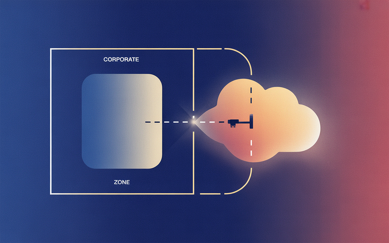 IMAGE: Flat vector diagram showing a sync boundary being crossed. A solid rounded rectangle labeled by position as a corporate zone (cool blue) sits inside a clearly bordered region; a small key node originates there and an arrow carries a copy of it across a dashed boundary line into an outer soft cloud shape rendered in a warm amber personal-zone color. The boundary line is dashed to signal the org loses control past it. Minimal, lots of whitespace, WorkOS brand palette.