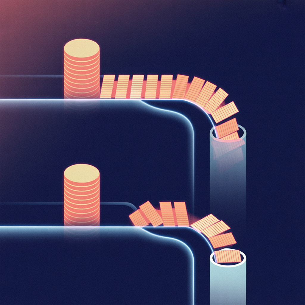 on a deep navy field, two identical stacks of glowing coins of exactly equal height sit at the left, each feeding into its own horizontal pipe of equal diameter; the upper pipe carries a dense continuous run of small bright data packets arriving at a full…