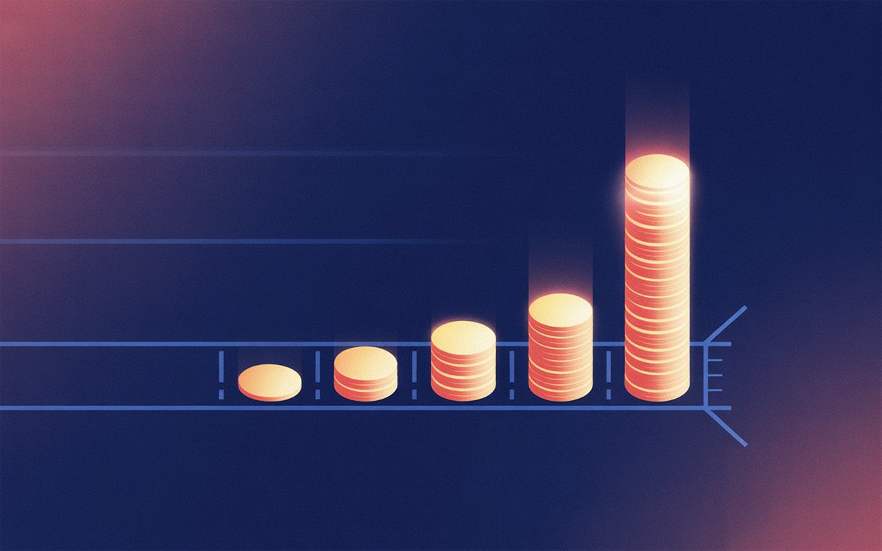 IMAGE: on a deep navy field, four horizontal race lanes stacked vertically, each lane starting at a shared vertical line on the left and ending at a different distance to the right to show different finishing speeds; beside the start of each lane sits a stack of glowing coins of a clearly different height, the tallest coin stack belonging to one of the shortest lanes; thin electric-blue lane dividers and tick marks, flat geometric vector illustration, no words or numbers