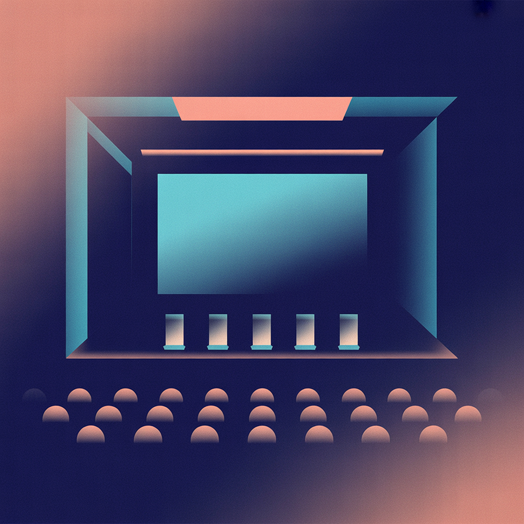 Abstract dark stage scene rendered as flat geometry — a wide teal-lit rectangle for a screen, five small evenly spaced upright shapes in a row below it representing a lineup of speakers, and rows of muted dots as an audience. Cyan accents, no text.