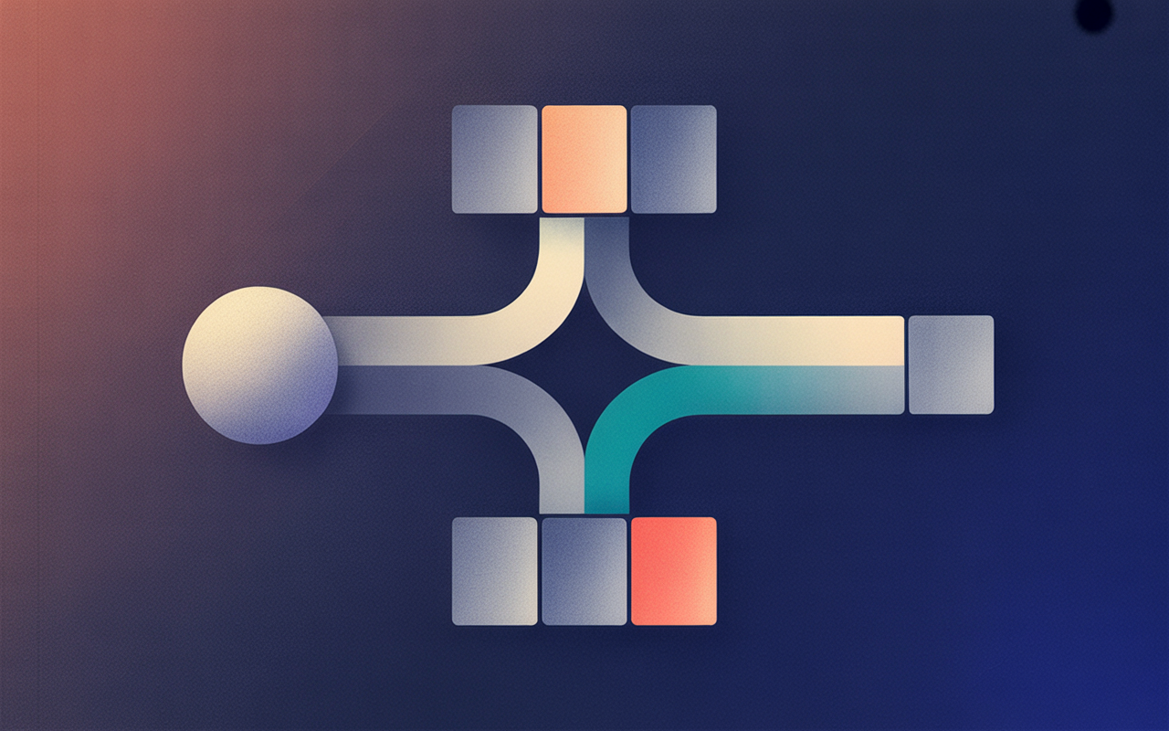 Simple two-branch flow diagram in flat geometric style — a single rounded node on the left splits into an upper path of three connected small squares and a lower shorter path of two squares that rejoins the main line on the right. Muted grays with one teal path highlighted. Dark background, no text.